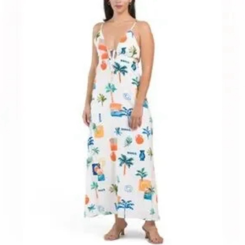 Tropical Print White Maxi Dress with Spaghetti Straps